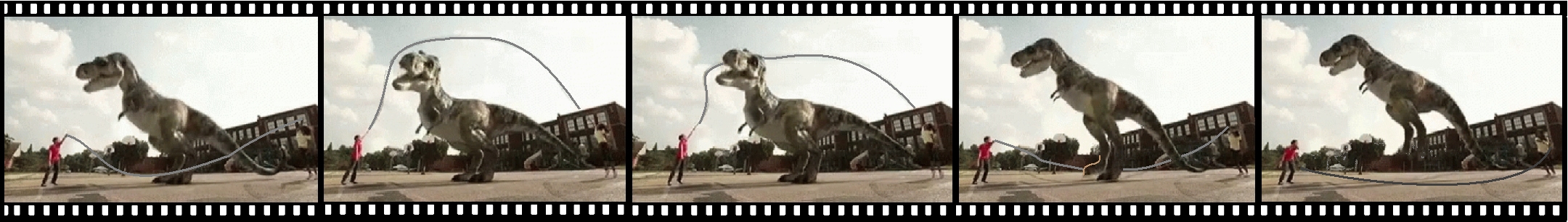 Filmstrip: Two people twirling a rope that a T-Rex is jumping
